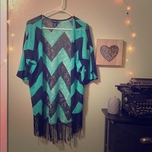 Teal & Black 3/4 Length Fringe Top